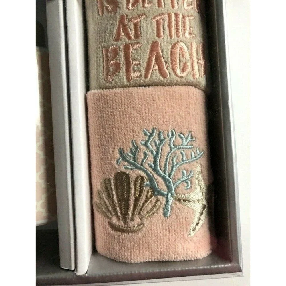 Avanti Fingertip Towels and Soap Lotion Dispenser Set Embroidered Beach Set of 3